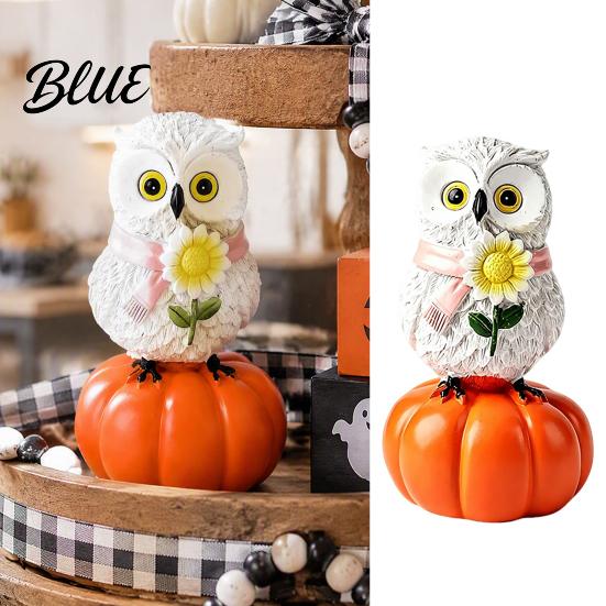 Unique Halloween Collectible Souvenirs Fall Pumpkin Owl Figurine Resin on Statue with Creative Scarf Sunflower for Autumn Thanksgiving Indoor