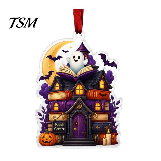 Halloween Bookshelf Ornaments Reading Ghost Hanging Ornament, Acrylic Holding Book Pumpkin Mummy Ornament Black Cat Decor, 2D Cartoon Bookish Pendant