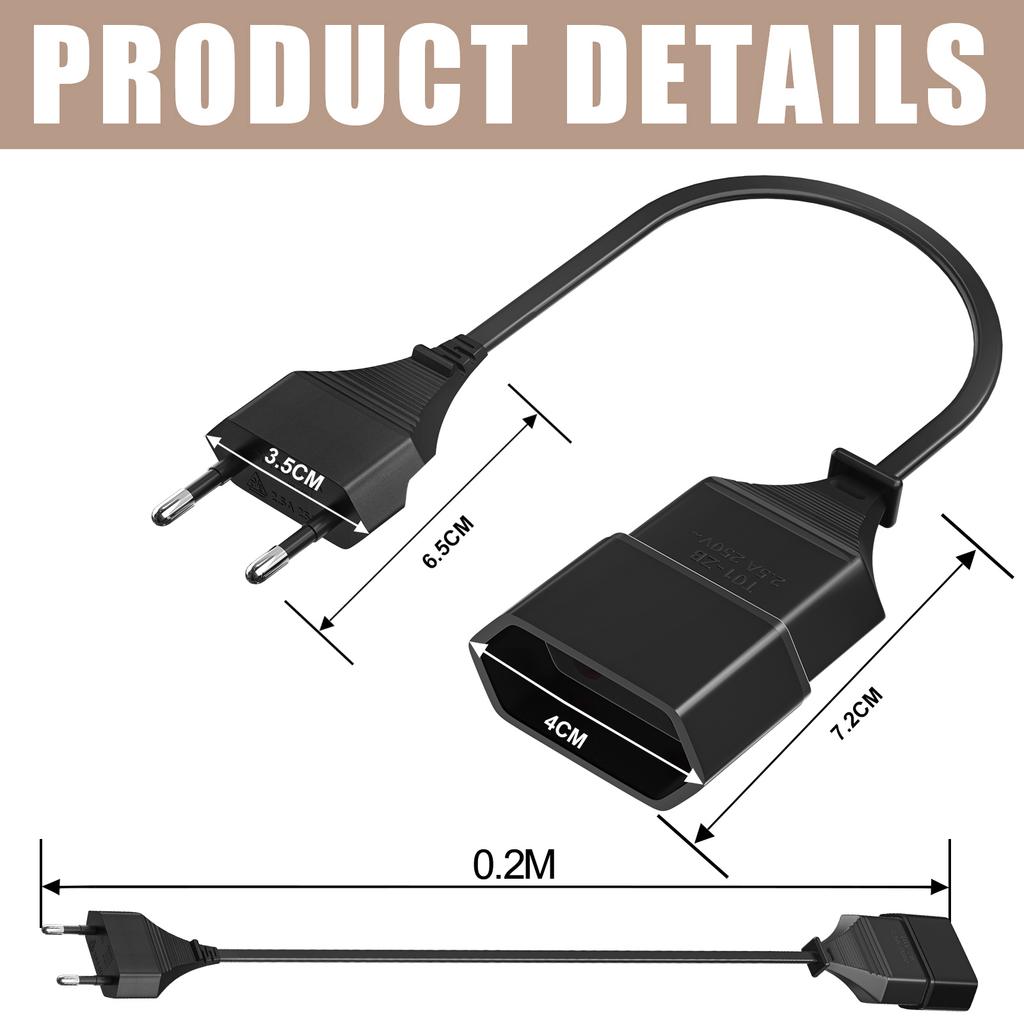 3 Pack Male Plug To Female Socket Power Extension Cord For PC Computer 0.2m Euro 2Prong Plug EU Extension Cable Black White