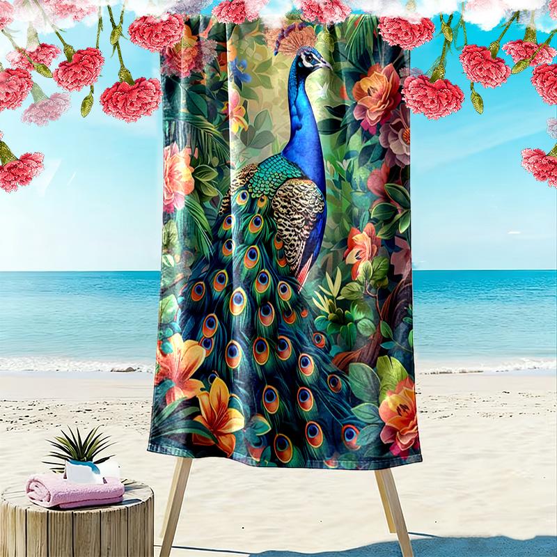 Peacock Oil Painting Print Beach Towel, Large Soft Quick Dry Towel for Beach Camping Swimming