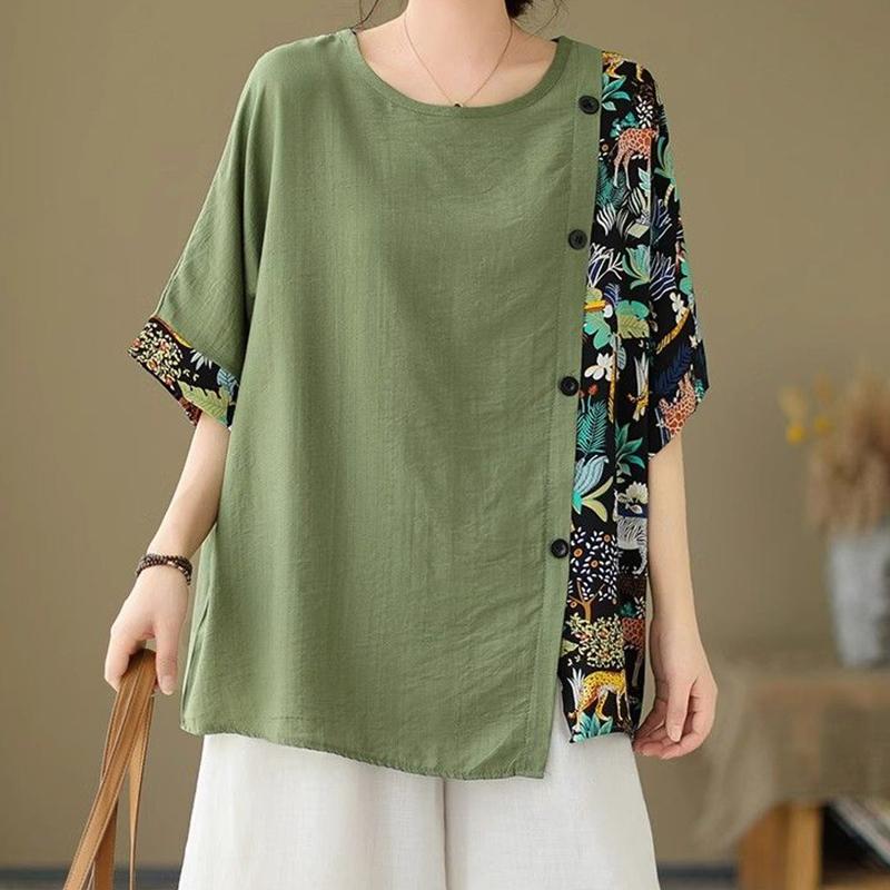 Дизайнерская футболка с короткими рукавами из хлопка и льна, женская летняя свободная, закрывающая живот и тонкий верх, летний топ с коротким рукавом