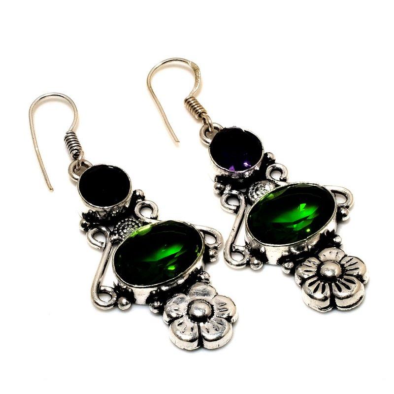 Peridot Amethyst Gemstone 925 Silver Plated Handmade Jewelry Earring 2.08"