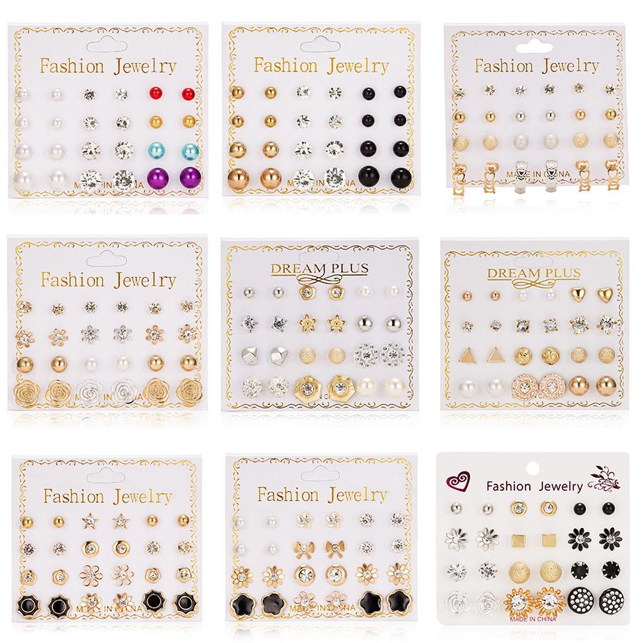 12 Pairs/set Classic Crystal Stud Earring Sets Women's Round Ball Metal Pearl Flower Earrings For Women Gift Mixed Jewelry