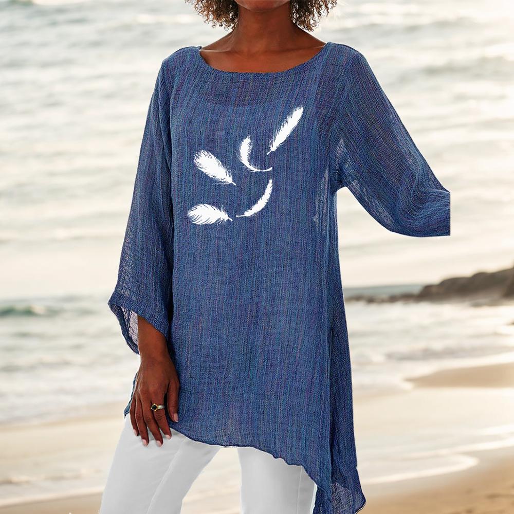 Women Fashion 3/4 Sleeve Top Round Neck Print Plus Size Blouse Thin Cotton Linen Shirt