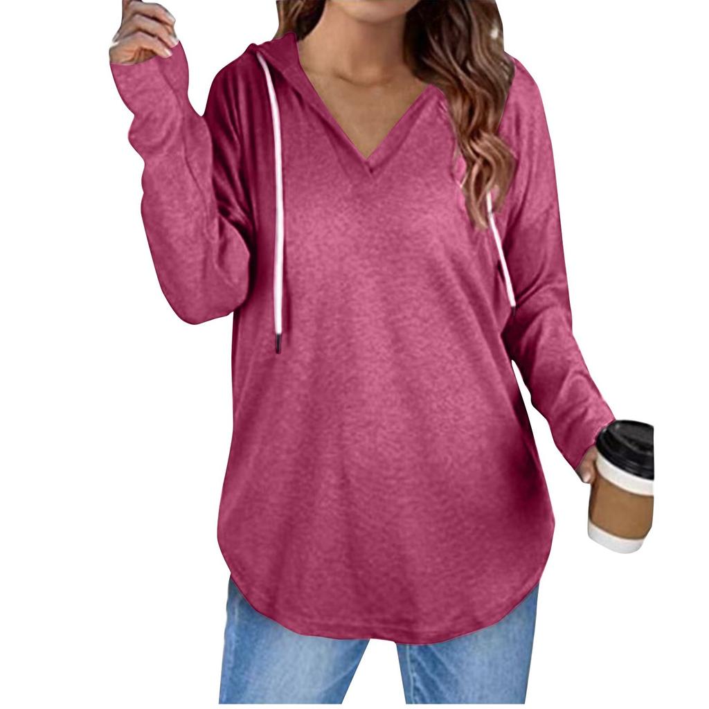 Women's Fashion Casual V-Neck Solid Colour Hooded Drawstring Long Sleeve Fitness Top