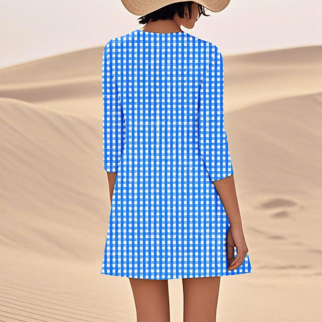 Женское однотонное модное свободное повседневное платье с рукавом три четверти Женское модное свободное повседневное платье с принтом в горошек и рукавом три четверти