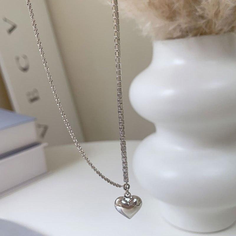 925 Sterling Silver Geometric Love Heart Zircon Chain Necklace Female Party Jewelry