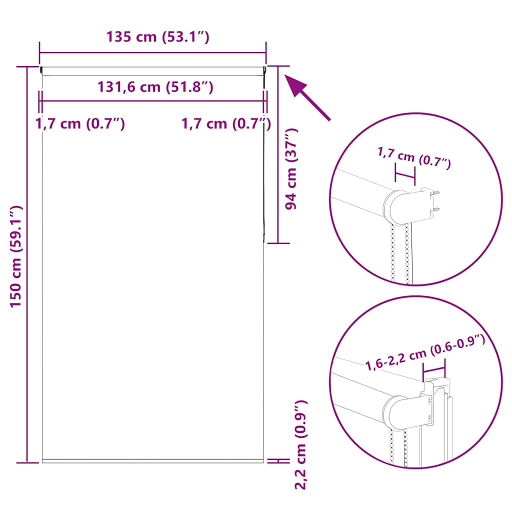 Black Blackout Roller Blind 135 x 150 cm Fabric Width 131.6 cm