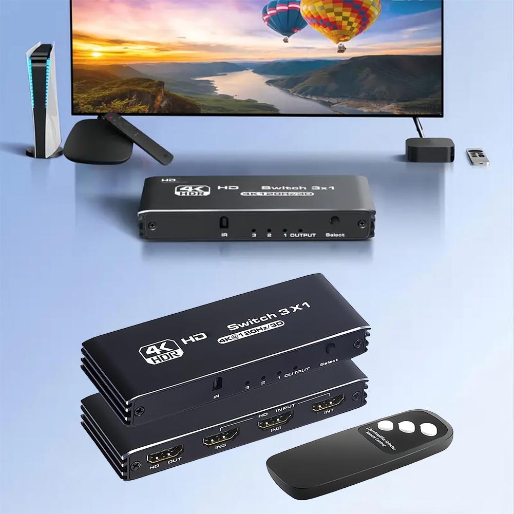 Универсальный HDMI-переключатель-разветвитель для ПК, ТВ-приставки, PS4, PS5. Высокоскоростная передача сигнала с алюминиевым дизайном в классическом черном цвете.