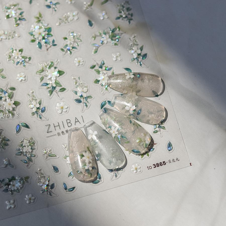 1pcs 5D Glitter Jasmine Flower Nail Stickers Embossed Flower Self-Adhesive Nail Art Decorations Decal Manicure Tools DIY