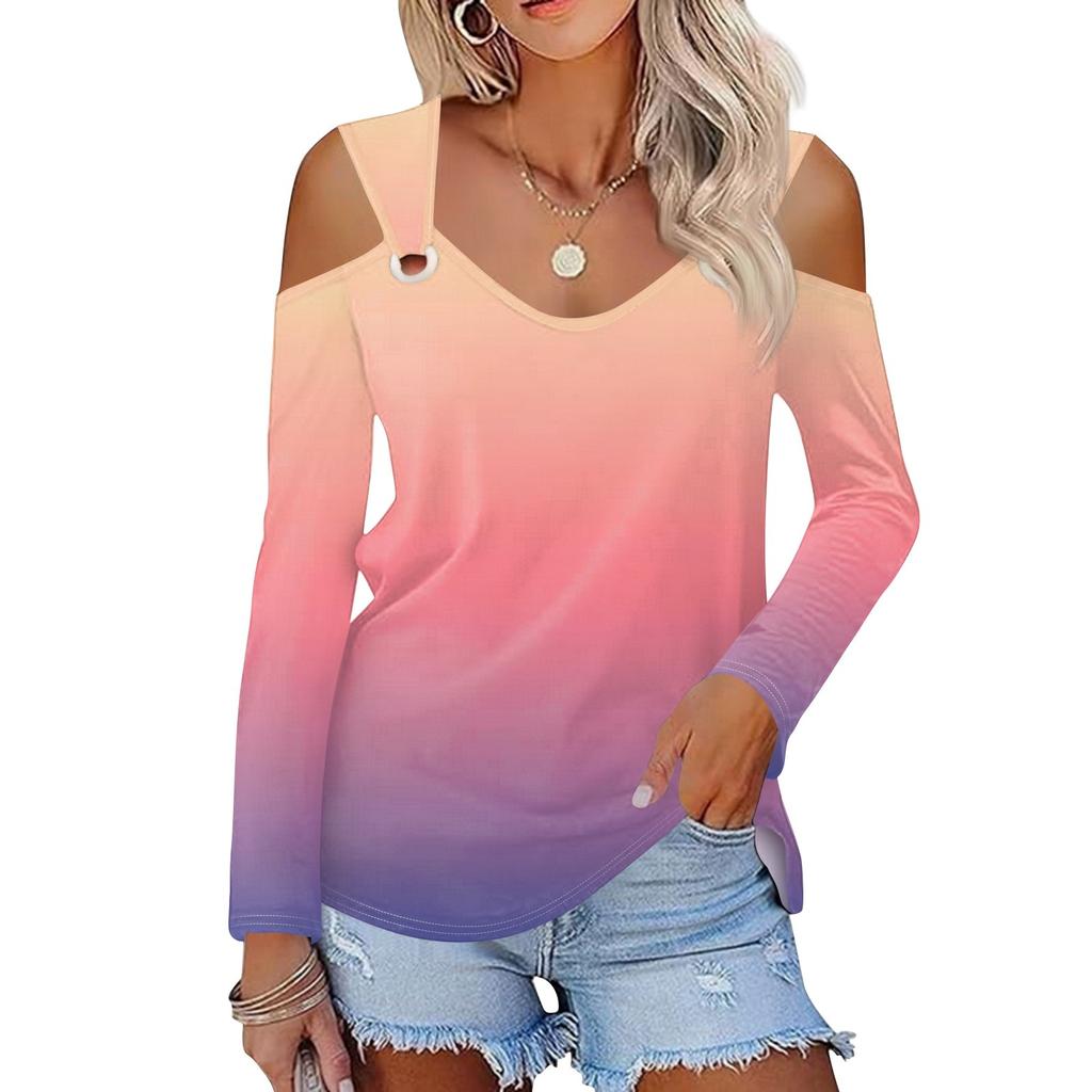 Women's Casual Shirt Blouse Print V-neck Sexy Cold Shoulder Long Sleeve Top