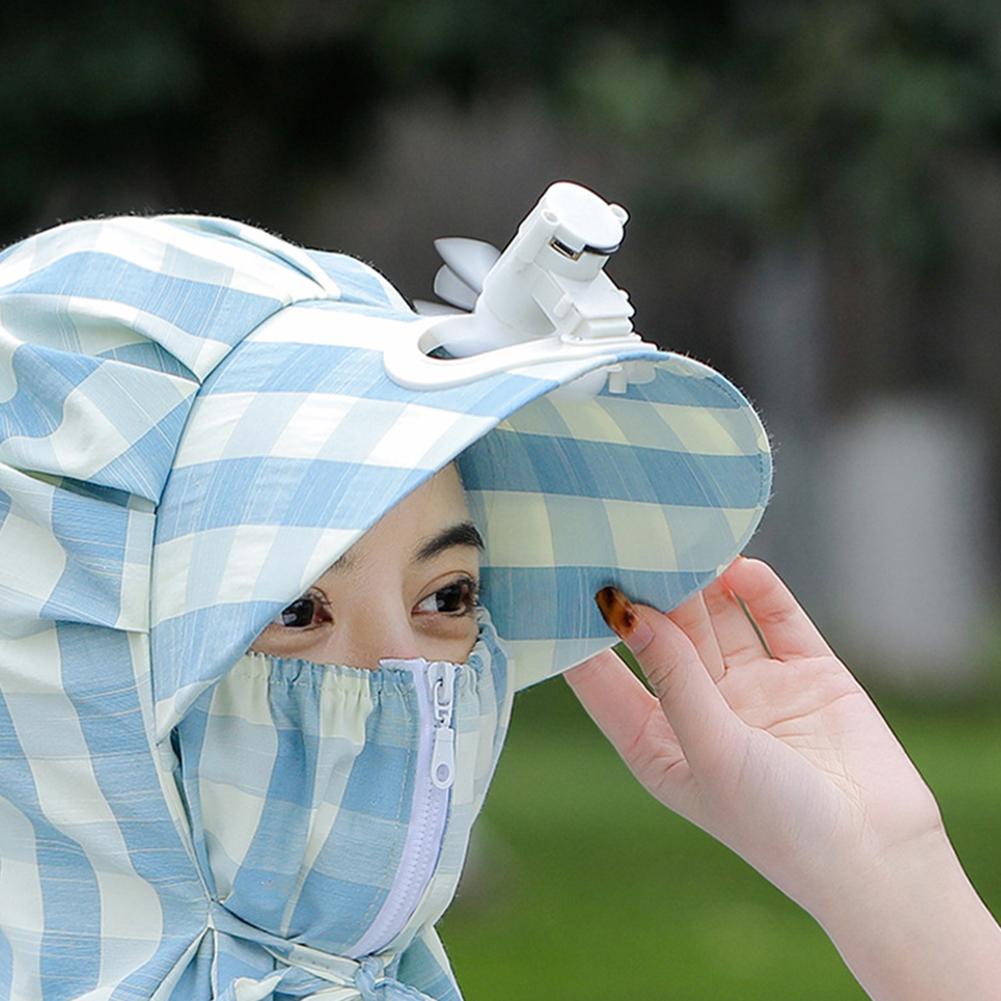 Women Summer Sun Hat Face-covering Neck Protective Windproof Sunshade Sunscreen Striped Hat With Fan