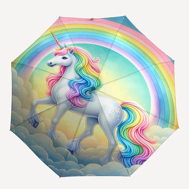 Unicorn, Rainbow- Automatic umbrella, Four Seasons Portable Folding Umbrella, Suitable for Men and Women, Travel, Daily Compact Umbrella, Ou