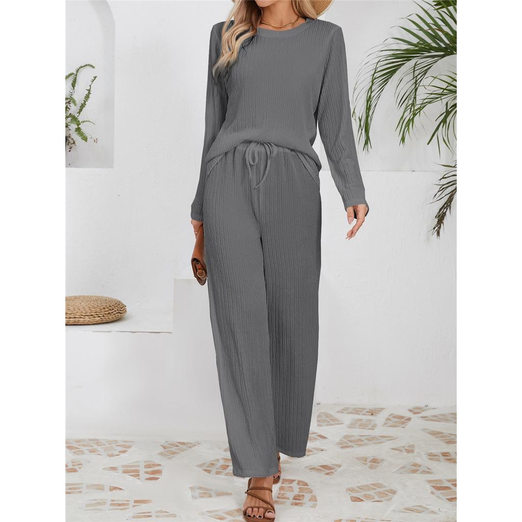 Женские комплекты свободного покроя из трикотажного жаккарда с длинными рукавами и круглым вырезом, брюки с высокой талией и завязками