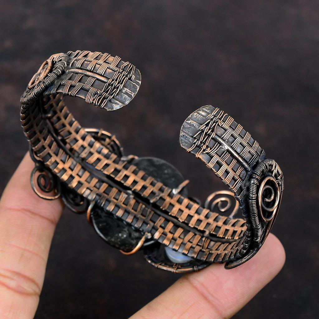 Серебряный браслет с обсидианом и радужным лунным камнем, браслет-манжета из медной проволоки с драгоценными камнями, регулируемый браслет-манжета, ювелирные изделия ручной работы для подарков