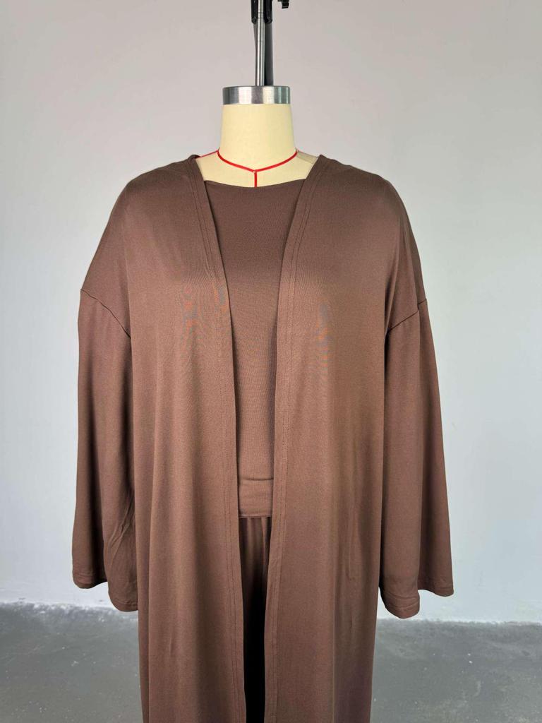 Летний женский повседневный комплект 2025 года для трансграничной торговли: Длинное пальто, футболка с длинным рукавом и брюки с высокой талией