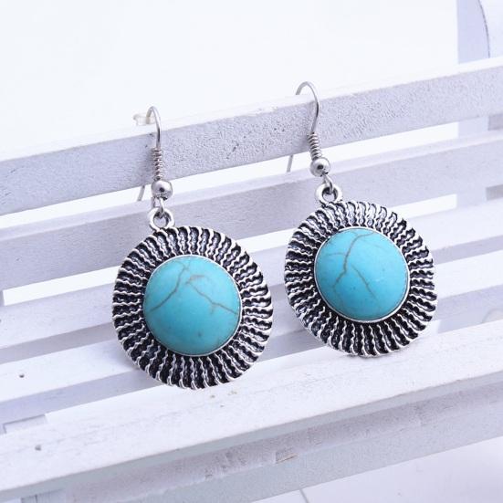 1 Pair Women Hook Round Style Shape Retro Bohemian Earrings Faux Turquoise Stainless