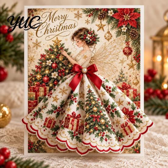 Decorative Seasonal Note Cards 3D Christmas Angel Greeting Card, Pop Up Holiday Card with Fabric Dress, Peace And Blessing Merry for Family