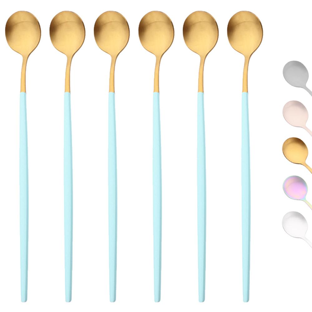 6 шт. Золотая ложка для перемешивания кофе, чая с длинной ручкой, десертные ложки для мороженого, экологически чистая посуда из нержавеющей стали, кухонные принадлежности