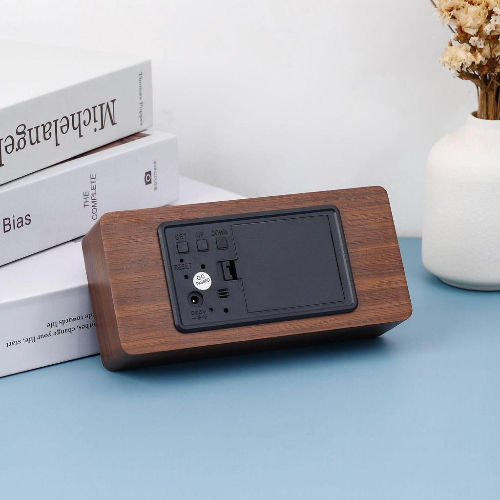 Rectangular Perpetual Wooden LED Clock with Voice Control and Wake-up Function