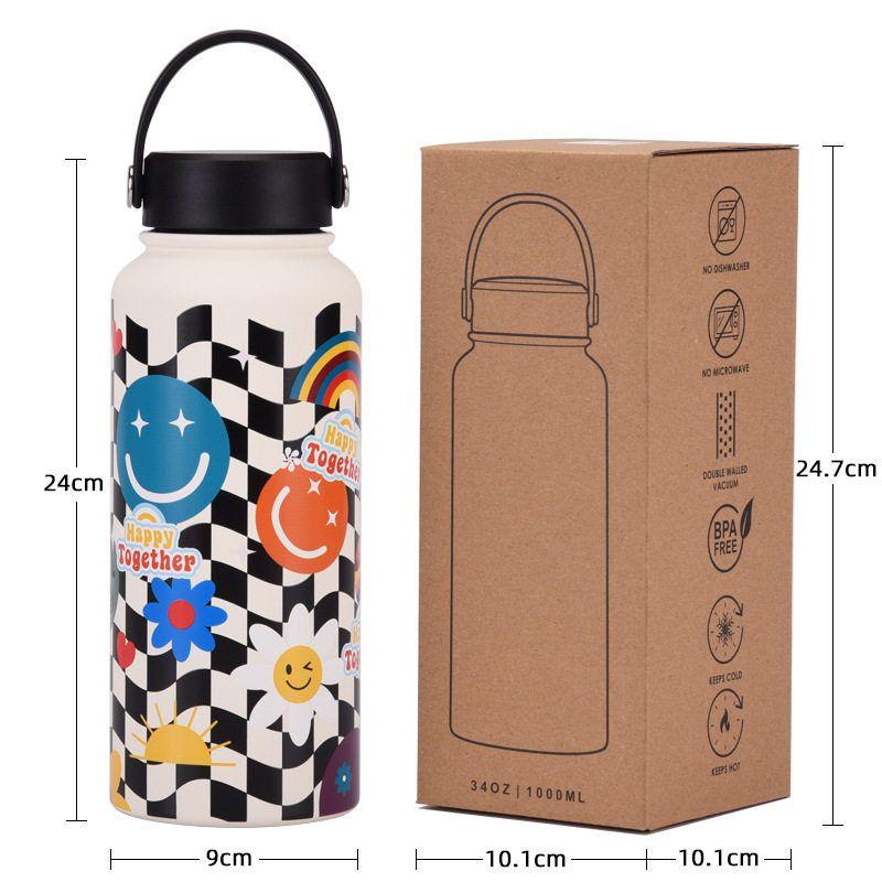 2025 New Model 1L Large Capacity Thermos Cup with Wide Mouth, Portable Handle, Sports Water Bottle, Outdoor Printed Water Cup for Women