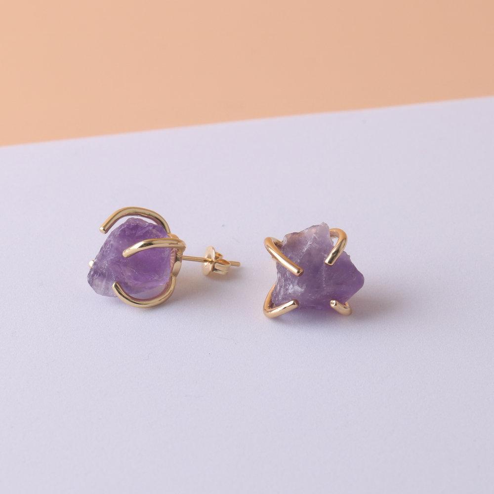 Серьги из натуральных драгоценных камней для женщин - Позолоченные 18 карат сырым аметистом и розовым кварцем, серьги-гвоздики с кристаллами для исцеления
