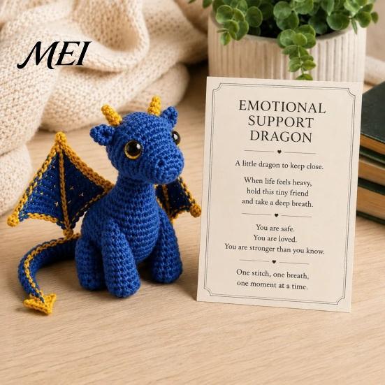 Crochet Dragon Toy Doll with Card, Emotional Support Handmade Decor, Pocket Plushie Mini Knitting Ornament, Inspirational Gifts for Family Friends