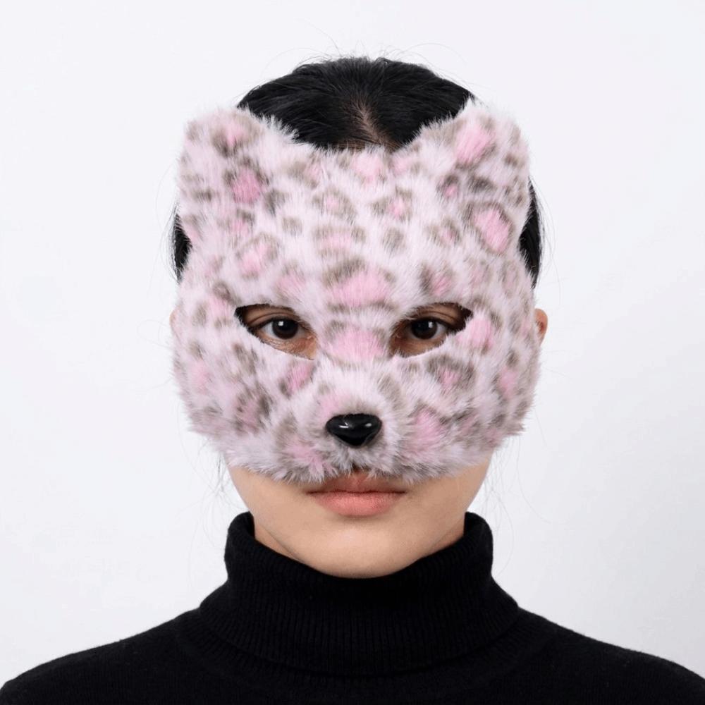 Cartoon Cat Plush Mask Leopard Print Masquerade Mask Simple Halloween Plush Mask Male