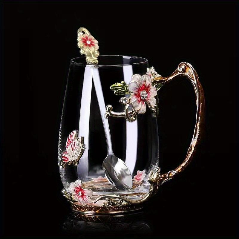 1pc Flower Enamel Crystal Tea Cup, Heat Resistant Coffee Mug, Lead-Free Glass Tumbler, Butterfly Painted Flower Water Cups, Clear Glass With Spoon Set