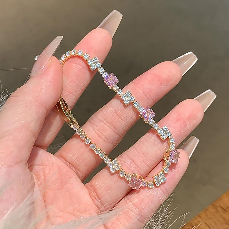 Легкий роскошный розовый браслет из циркония для женщин и девочек, изысканный блестящий браслет, ювелирные изделия, аксессуары, подарки