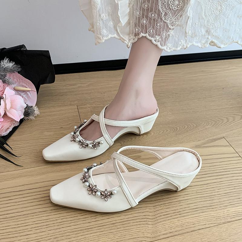 Плоские тапочки-высотки Осенние Новые с квадратным носком Мелкие Слипы Стразы Пряжка Перекрестный ремешок Ажурные Обернутые туфли