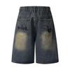 Men's Retro Distressed Hand-Painted Spider Denim Shorts - Loose Fit, Blue, Summer Straight-Leg Style
