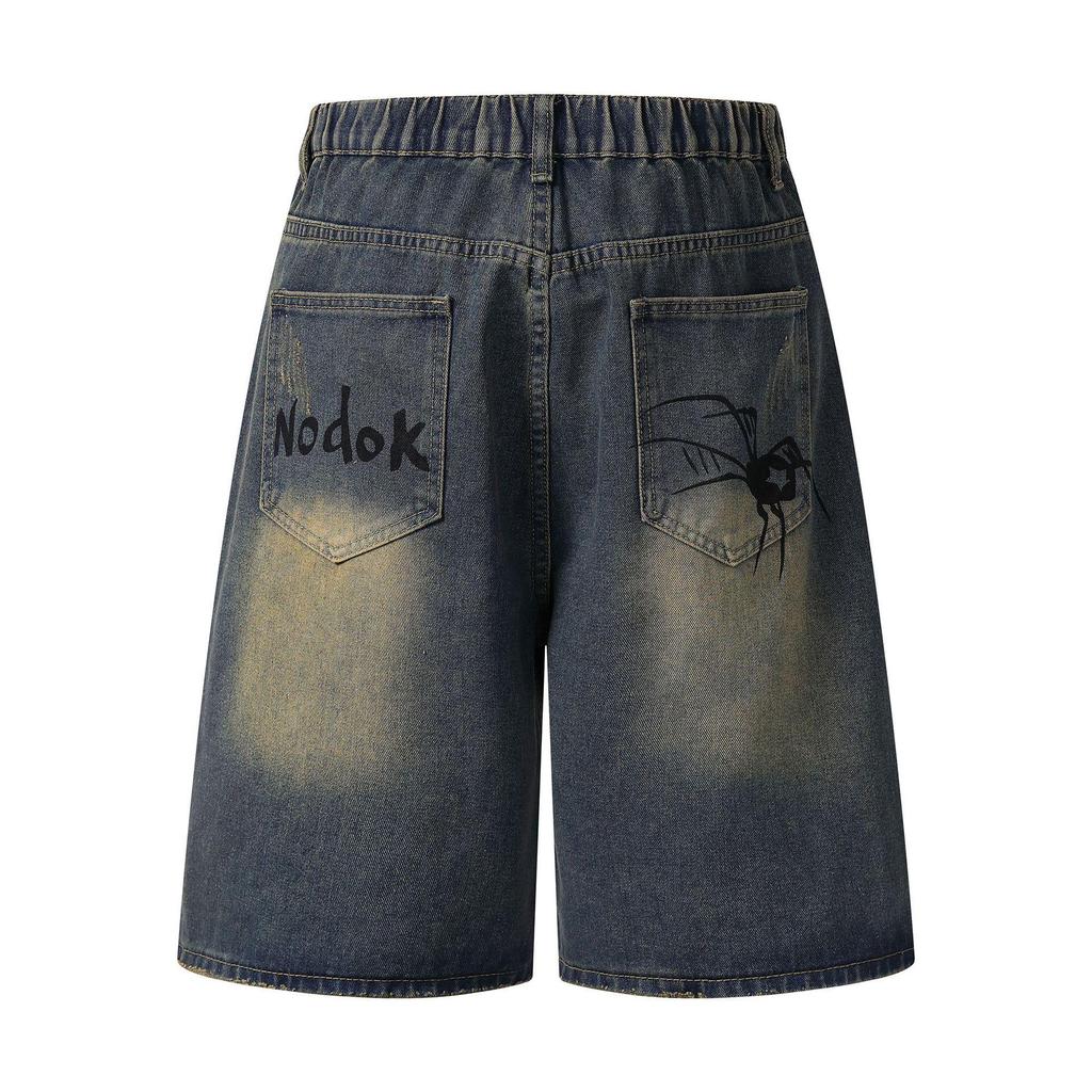 Men's Retro Distressed Hand-Painted Spider Denim Shorts - Loose Fit, Blue, Summer Straight-Leg Style