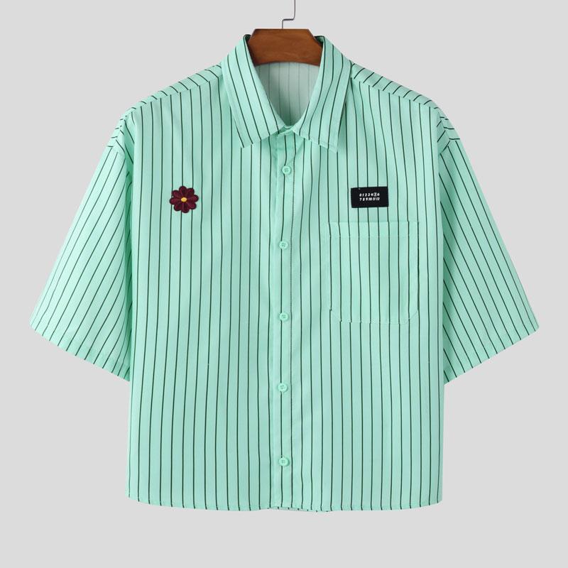 INCERUN Большие летние мужские повседневные рубашки с отворотом и коротким рукавом с вышивкой и цветочным принтом в полоску