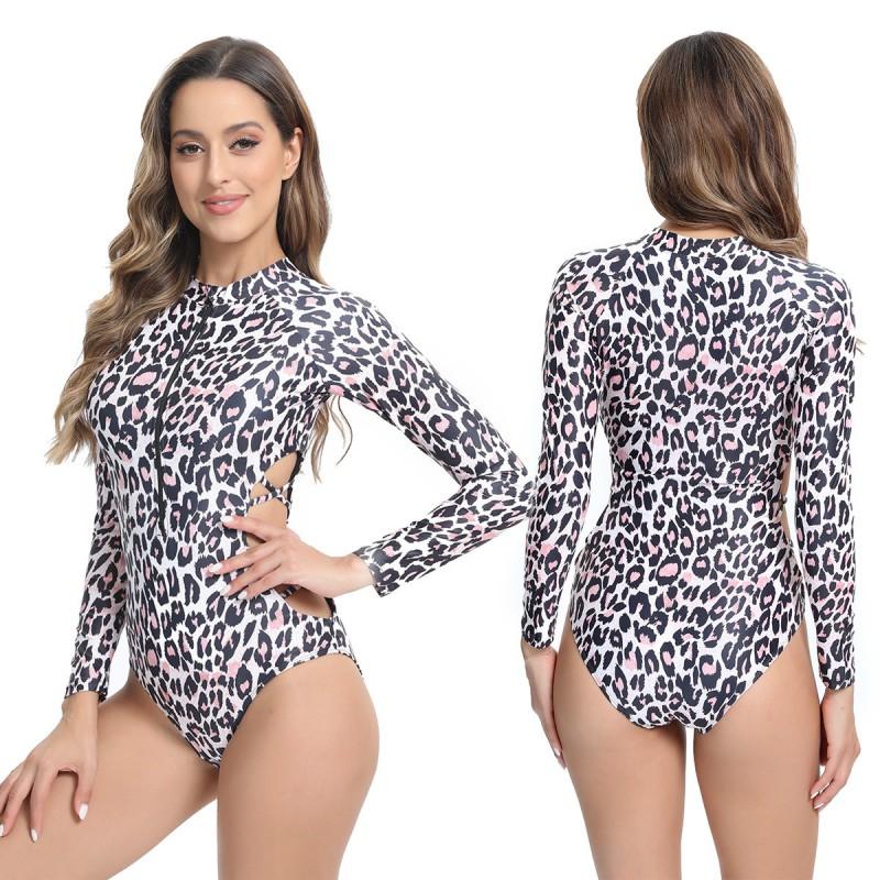 Womens Long Sleeve Leopard Print One Piece Swimsuit UV Protection Surfing Swimwear Water Sports