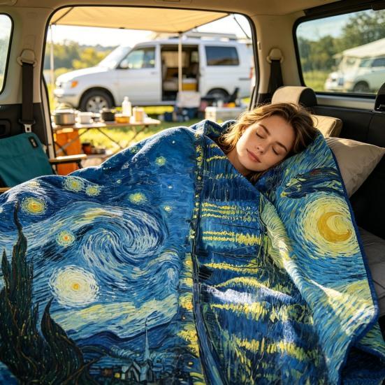 Oil Painting Nap Blanket, Soft Warmth Double-Sided Flannel, Digital Print Shrink-Resistant Machine Washable Office Travel Throw Blanket