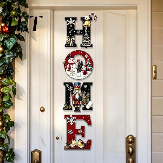 Christmas Wall Decorations 4Pcs HOME Wooden Letter Decor, Hanging Sign with Nutcracker Snowman Waterproof Porch Ornaments Tree Art, Farmhouse Holiday