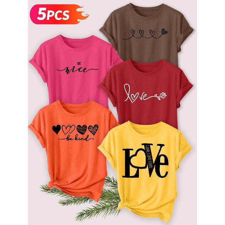 Five-piece set Elegant short-sleeved shirt for women Love love Printed round-neck women's short-sleeve shirt suitable for spring and summer