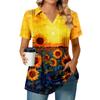 Women's Pleated V-neck Short Sleeved Sunflower Print T-shirt Business Casual Shirt