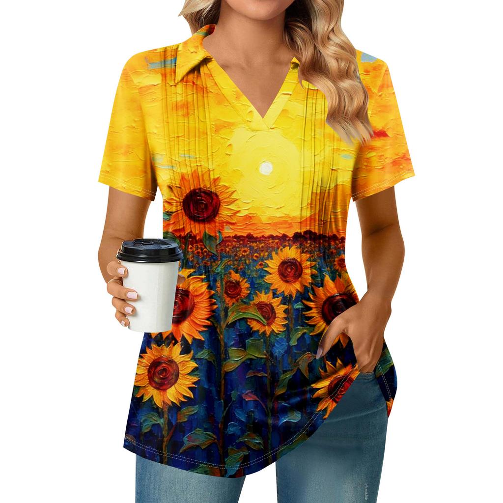 Women's Pleated V-neck Short Sleeved Sunflower Print T-shirt Business Casual Shirt