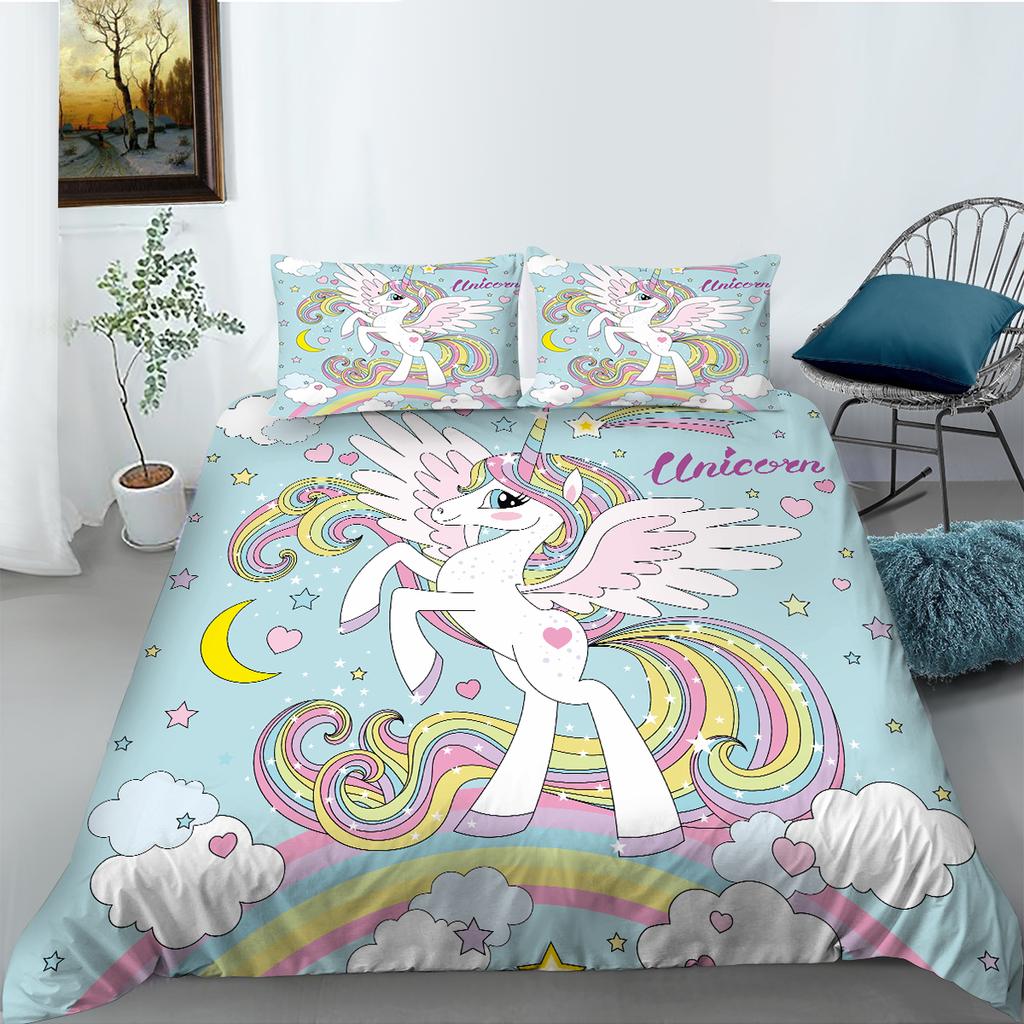 3D Unicorn Series Bedding Set Fantasy Cartoon Animal Duvet Cover and Pillow Case Suitable for Home Decoration In Children's and Women's Rooms