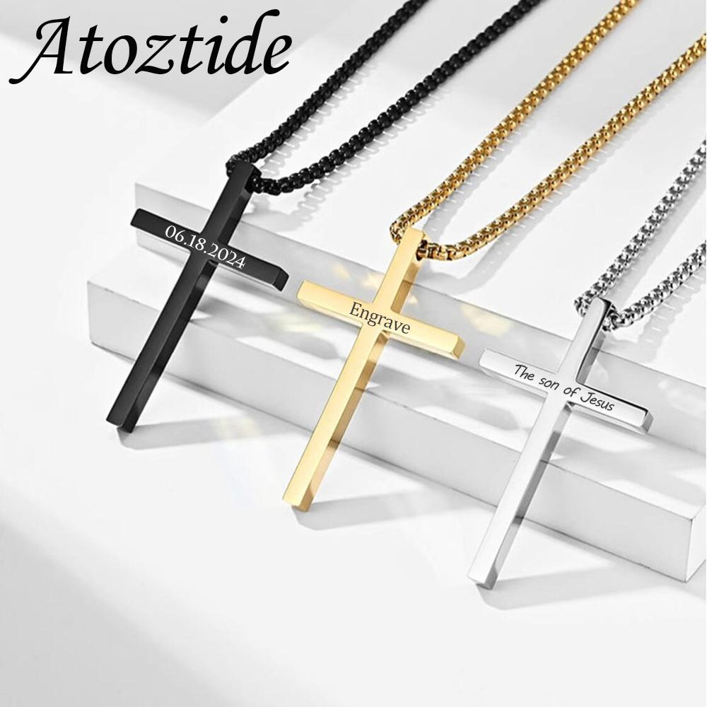 Atoztide Engrave Name Cross Pendant Necklace for Women Men Personalized Date Stainless Steel Jewelry Link Chain Birthday Gift