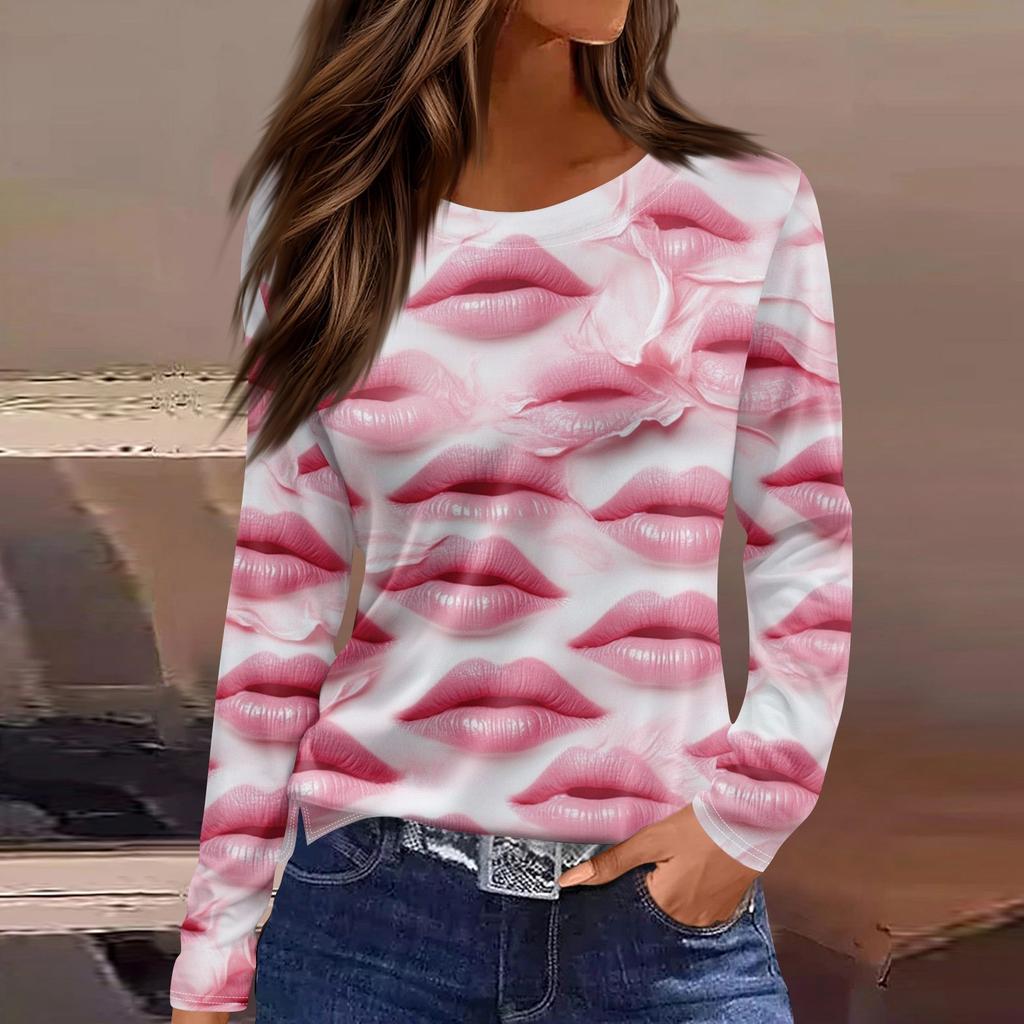 Women's Fashion Valentine's Day Printed Round Neck Casual Long Sleeve Top