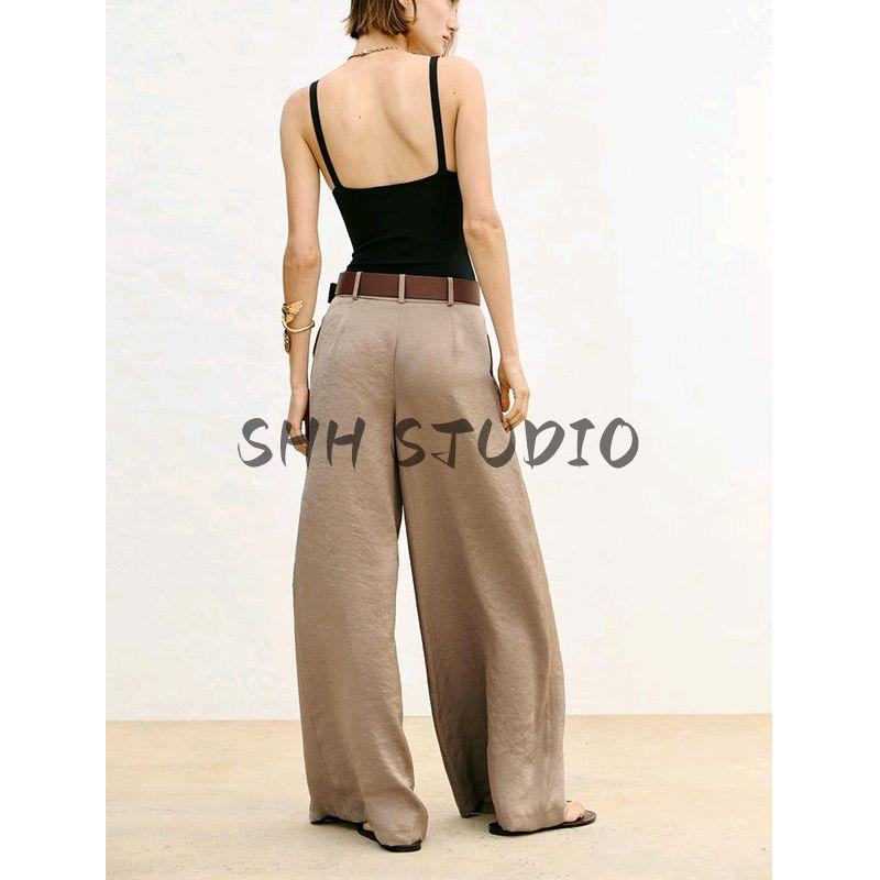 Summer Women's Pleated Decoration High Waist Vertical Matching Belt Silk Satin Texture Wide-Leg Casual Pants 3533556