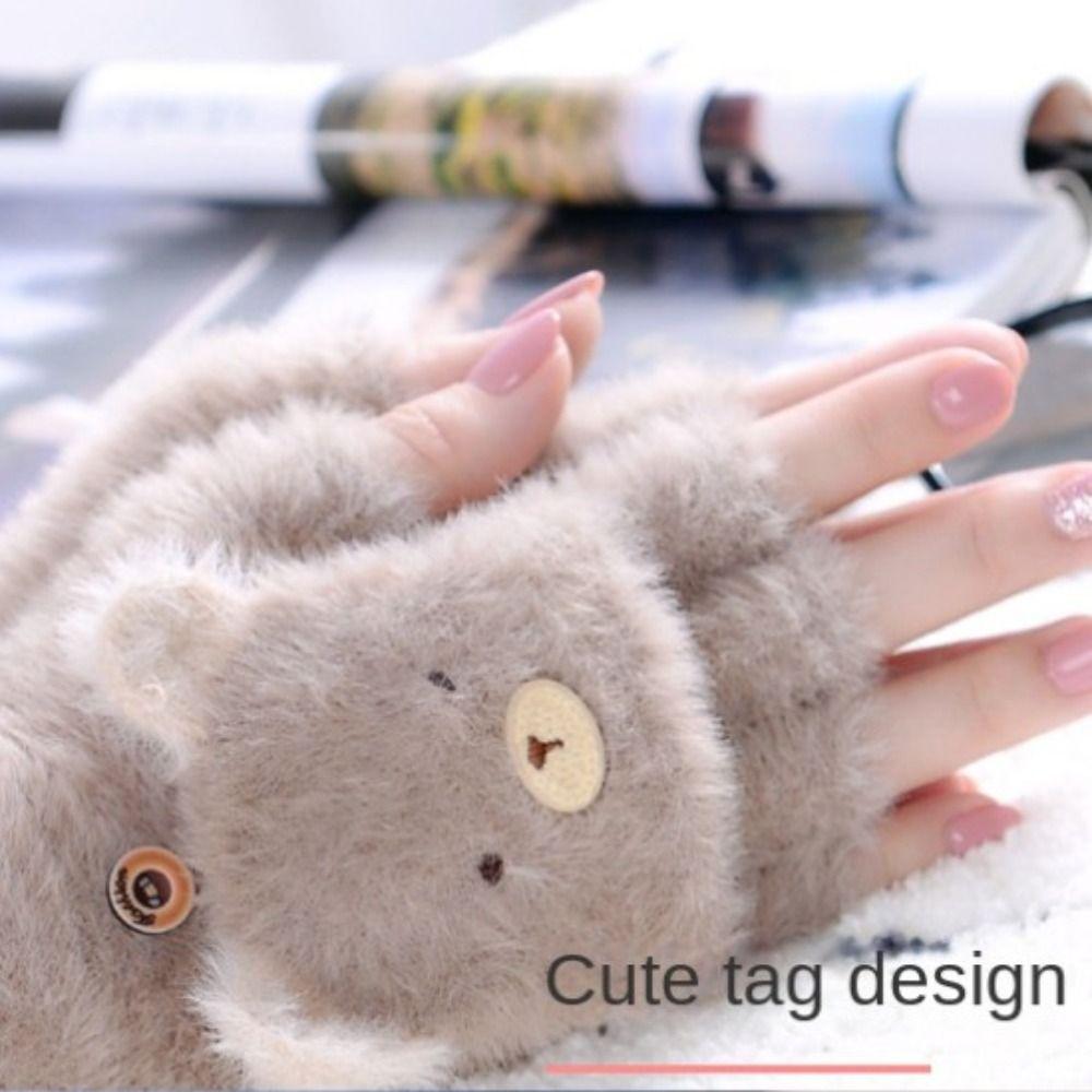 1Pair Cartoon Bear Fingerless Gloves Mittens Winter Warm Gloves Lovely Half Finger Gloves Women