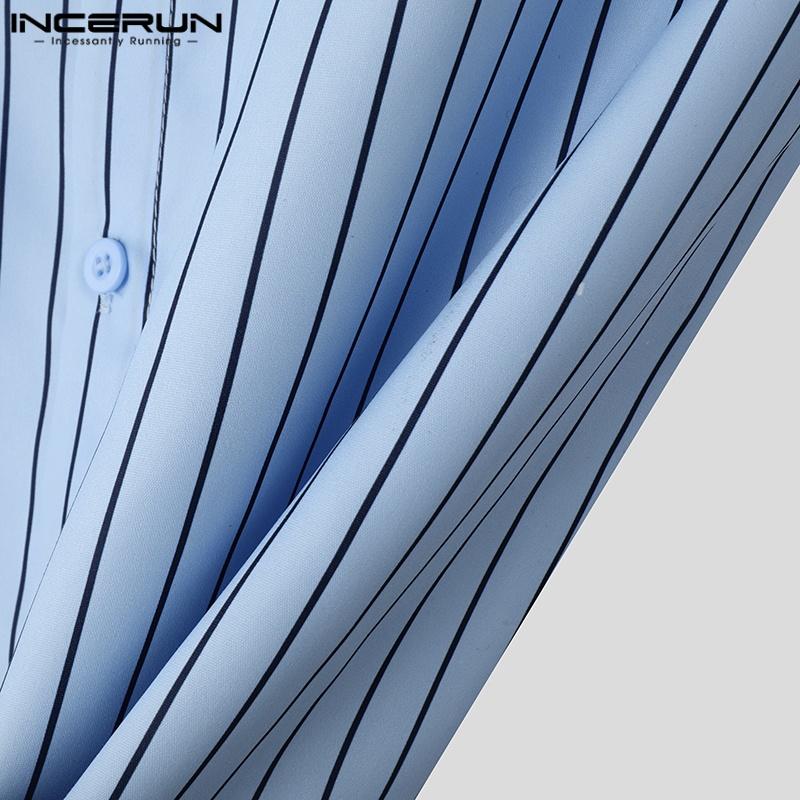 INCERUN Большие летние мужские повседневные рубашки с отворотом и коротким рукавом с вышивкой и цветочным принтом в полоску