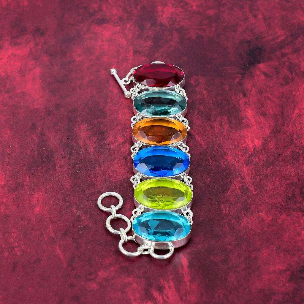 Multi Color 925 Solid Sterling Silver Bracelet With Adjustable Chain, Handmade Gemstone Bracelet Jewelry, Gifts For Wife Brand New Bracelet