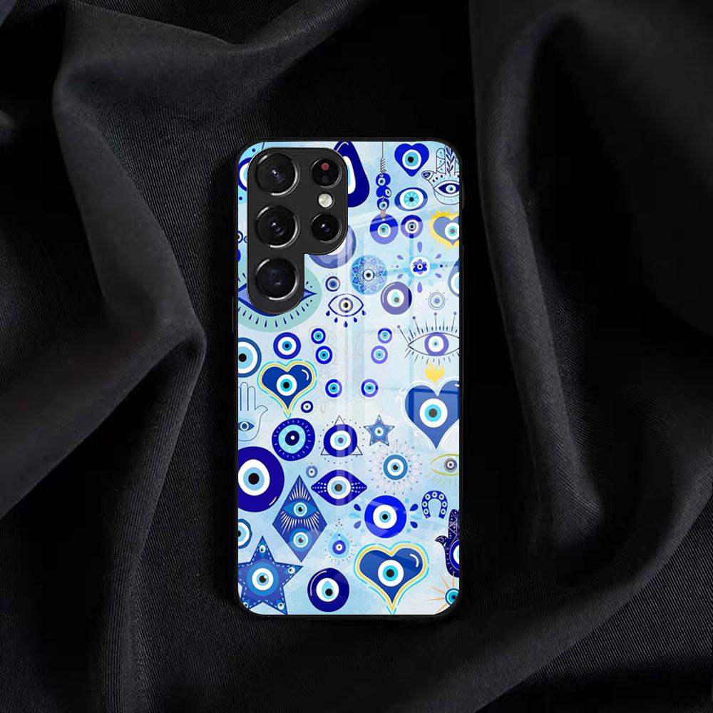Винтажный синий чехол для телефона 'Сглаз' для Samsung S25 Edge Ultra S23 S22 S21 S20 Ultra Plus S24 Fe A54 A53 A25 Стеклянная крышка