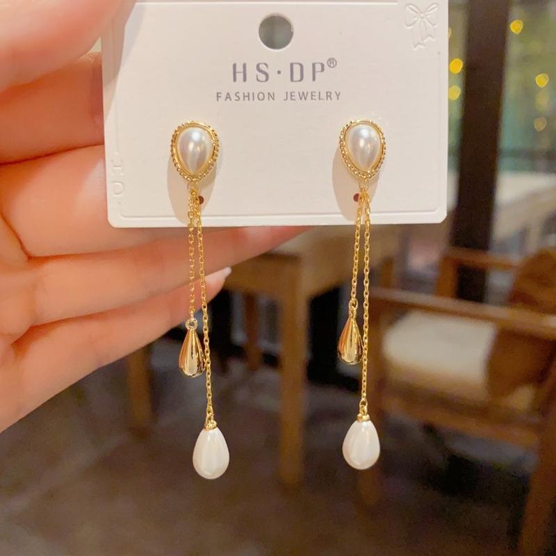 Light Luxury Fashion Gentle Versatile Water Drop Shaped Imitation Pearl Long Fringed Earrings Personalized Simple Design Earrings