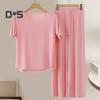 2Pcs/Set Women Pajamas Seamless Ice Silk Round Neck Short Sleeve Solid Color Elastic Waist Wide Leg Loose Soft Breathable Homewear Top Pants Set